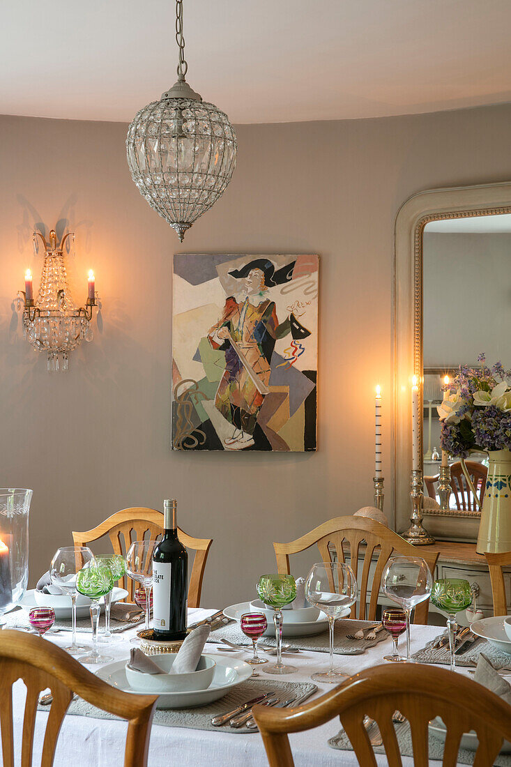 Art canvas and cut glass pendant in dining room of Kent UK