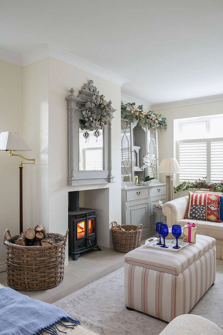 Ottoman in Devon stripe at fireside with log basket in Herefordshire newbuild UK