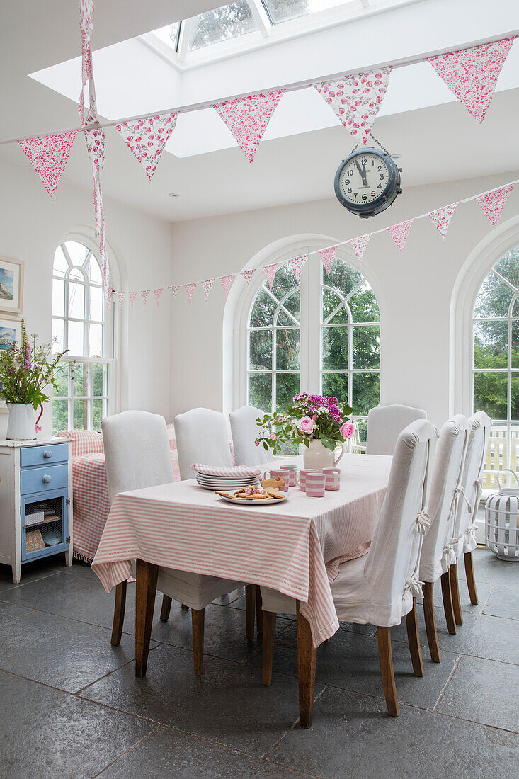 Dining room extension with three arched windows in Georgian West Sussex rectory UK