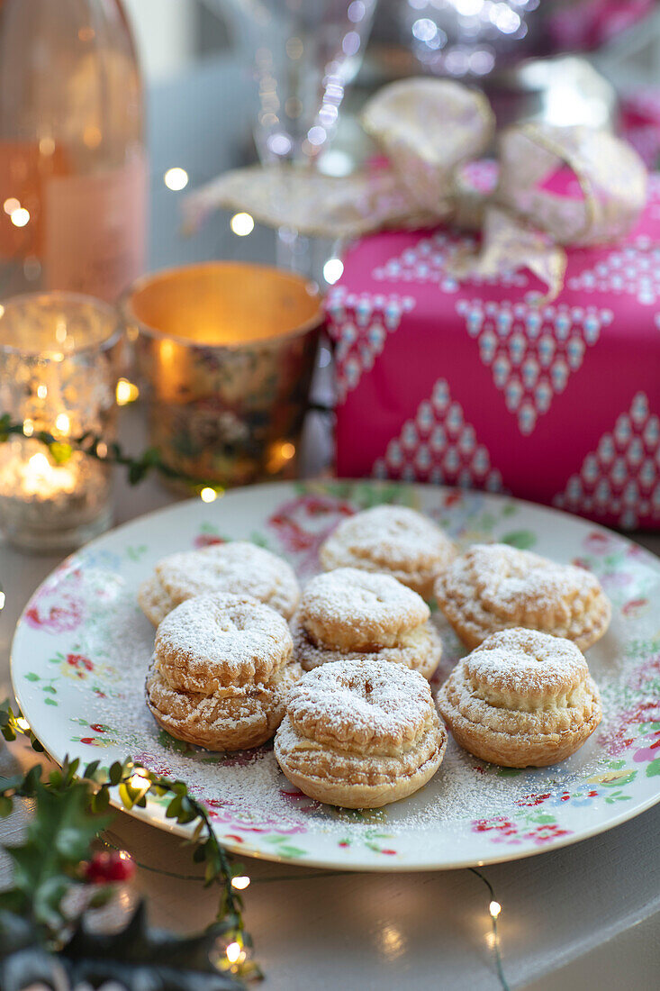 Home made mince pies on plate in London home UK