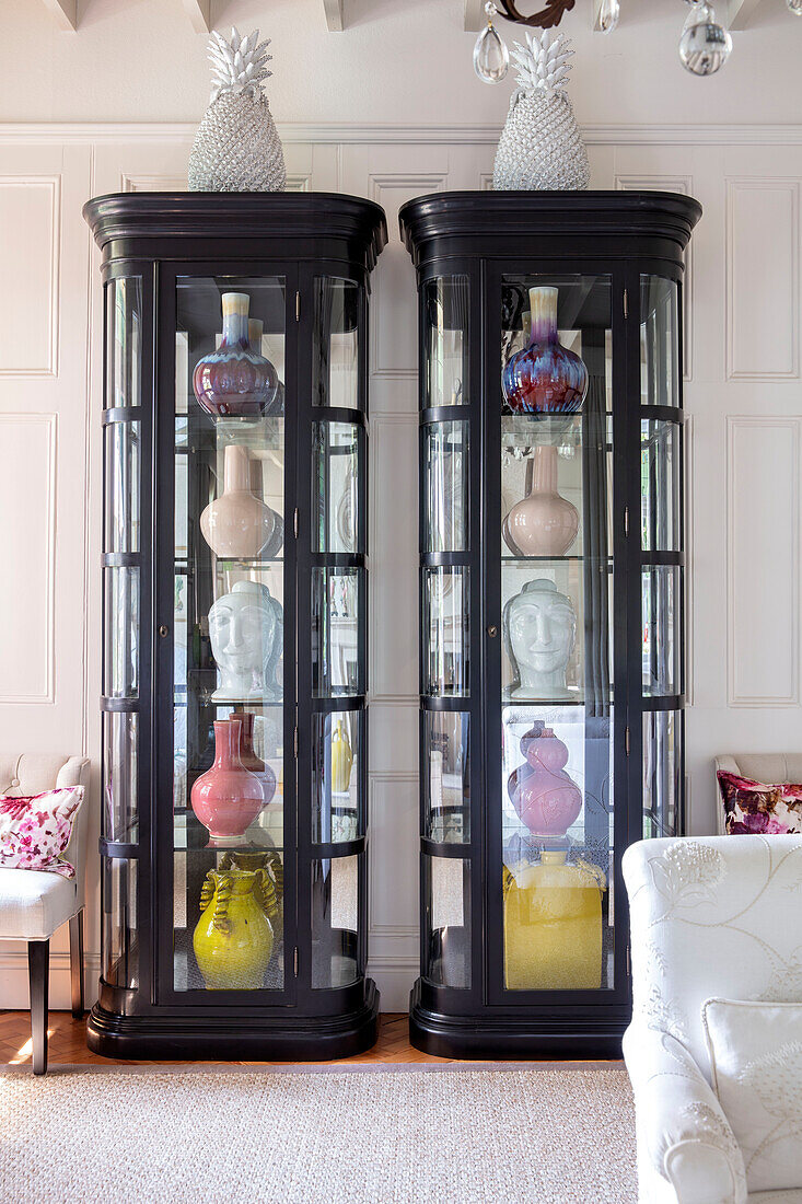 Vase collection in display cabinet Wales UK