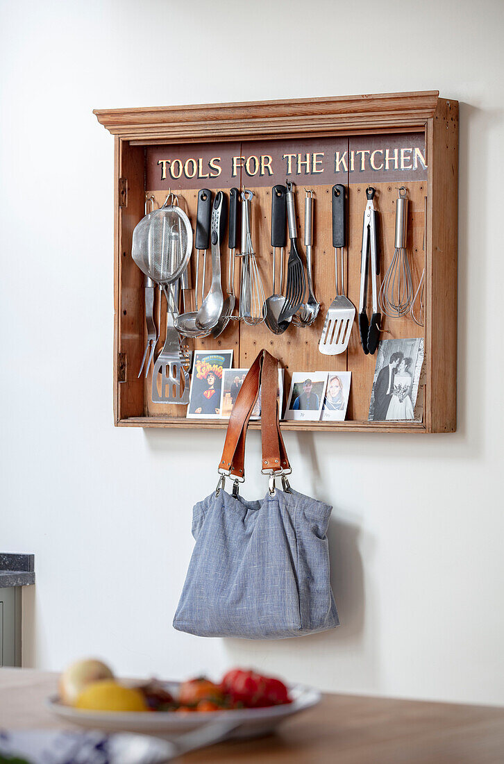 Wall mounted utensil storage in Southwest London kitchen UK