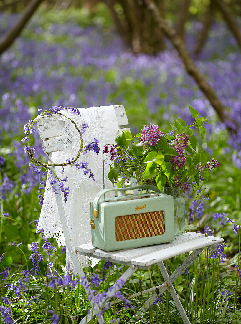 Vintage radio on folding chair with cut flowers in bluebell woods (Hyacinthoides non-scripta)
