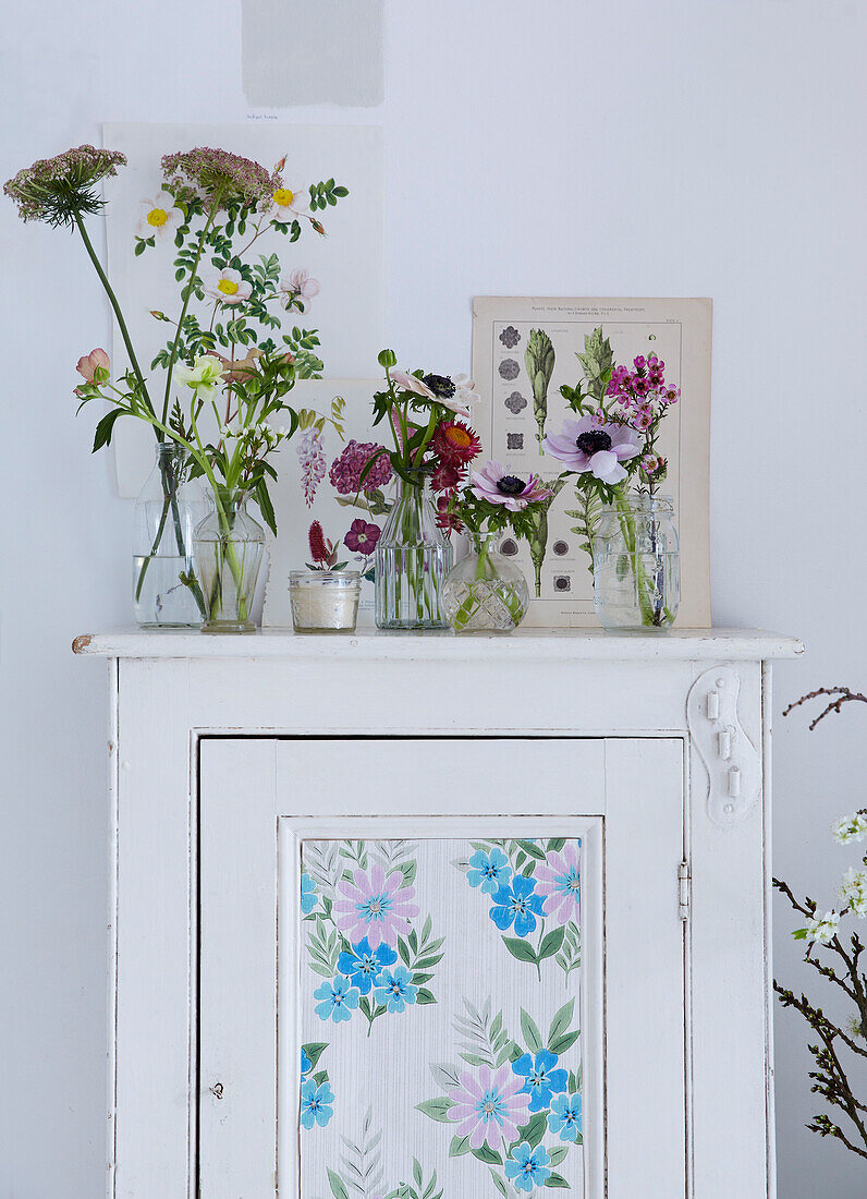 Weißer Schrank mit Blumentapeteneinsatz mit botanischen Drucken und frischen Blumen in Glasvasen
