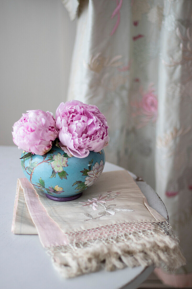 Peonies in turquise bowl