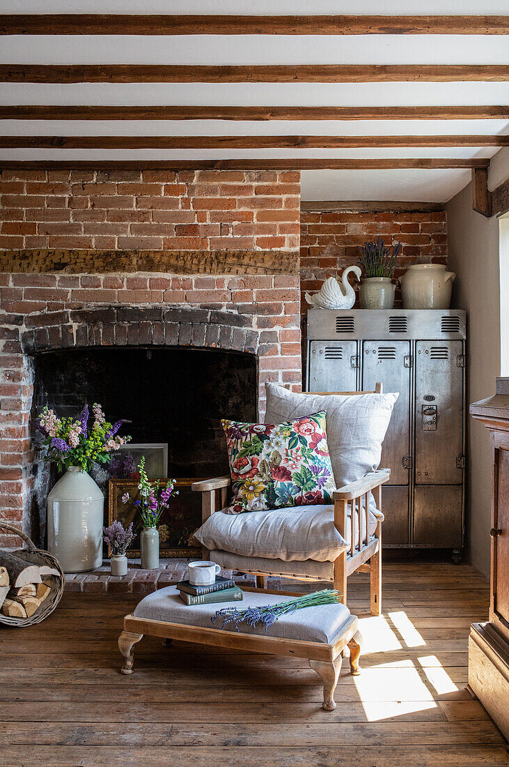 Fireplace with chair and vintage metal locker