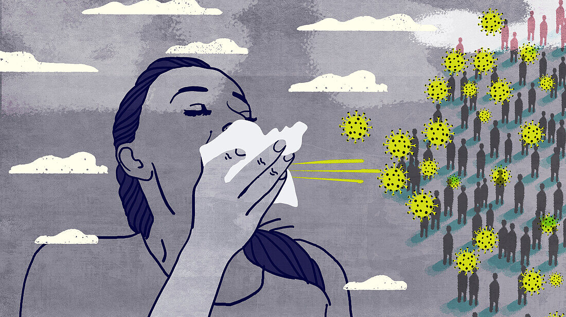Woman infected with coronavirus sneezing, illustration
