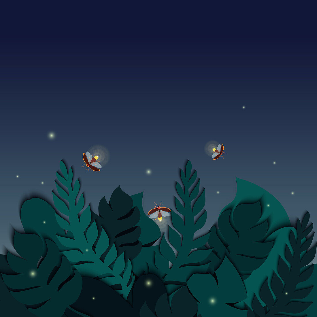 Fireflies flashing at night, illustration