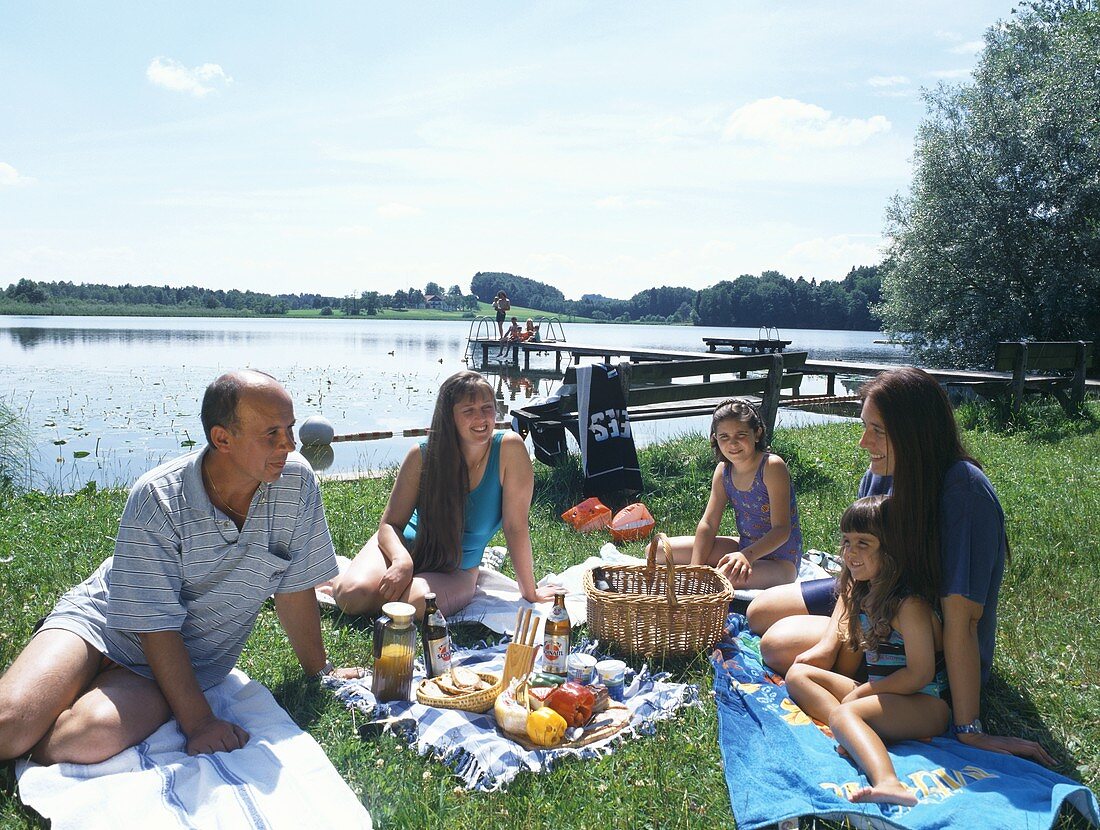 Family picnic in a meadow by a lake