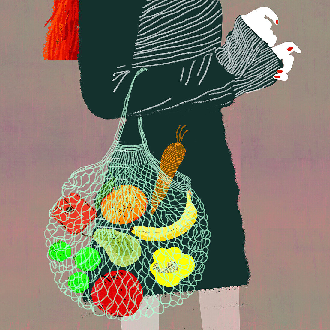Woman with groceries, conceptual illustration