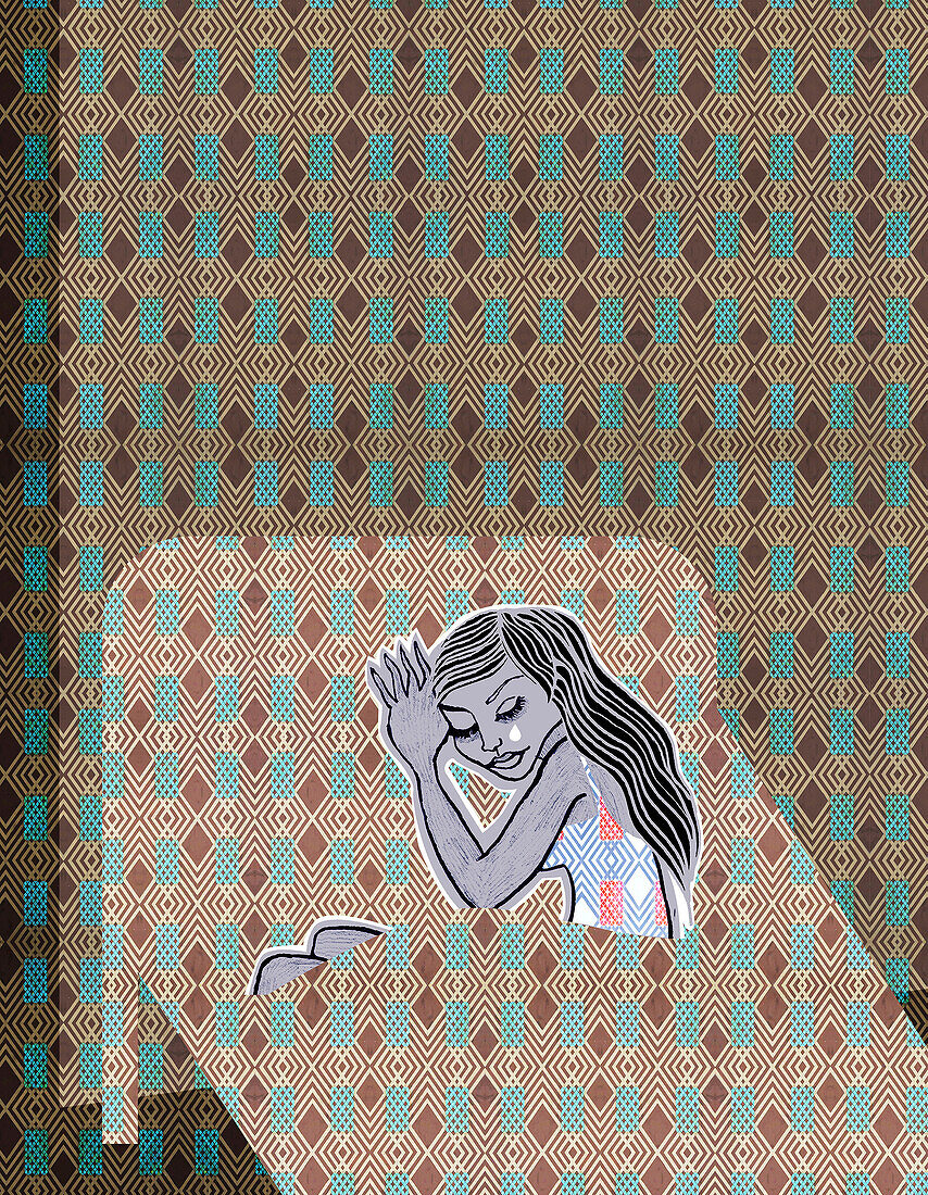 Woman crying in bed, illustration