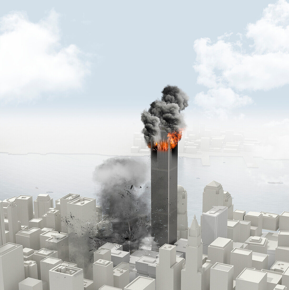 Twin Towers collapse after September 11 attack, illustration