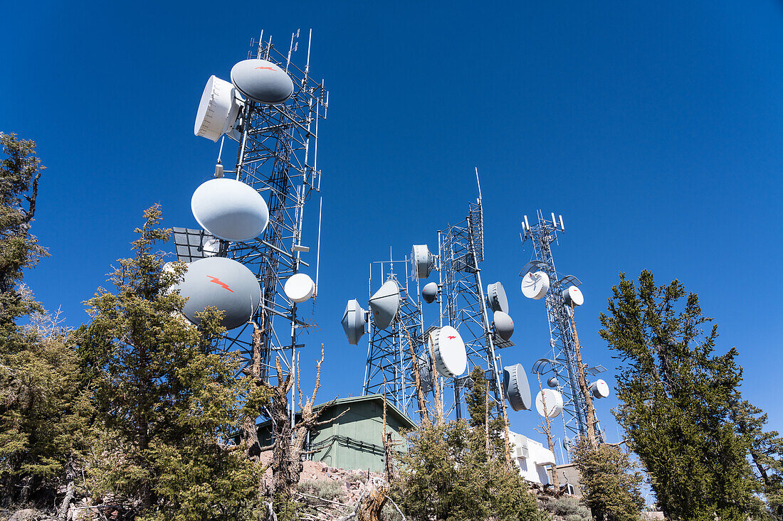 Telecommunications masts on a mountain in Utah, USA