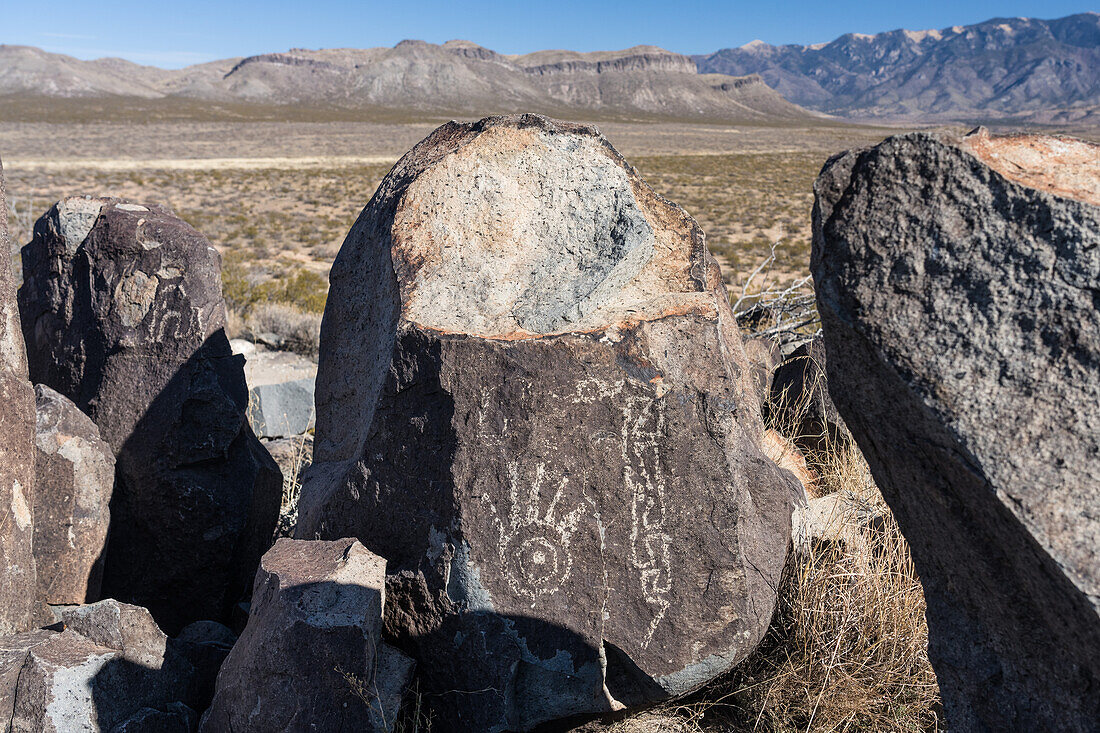 Petroglyphs of a handprint and snake, New Mexico, USA