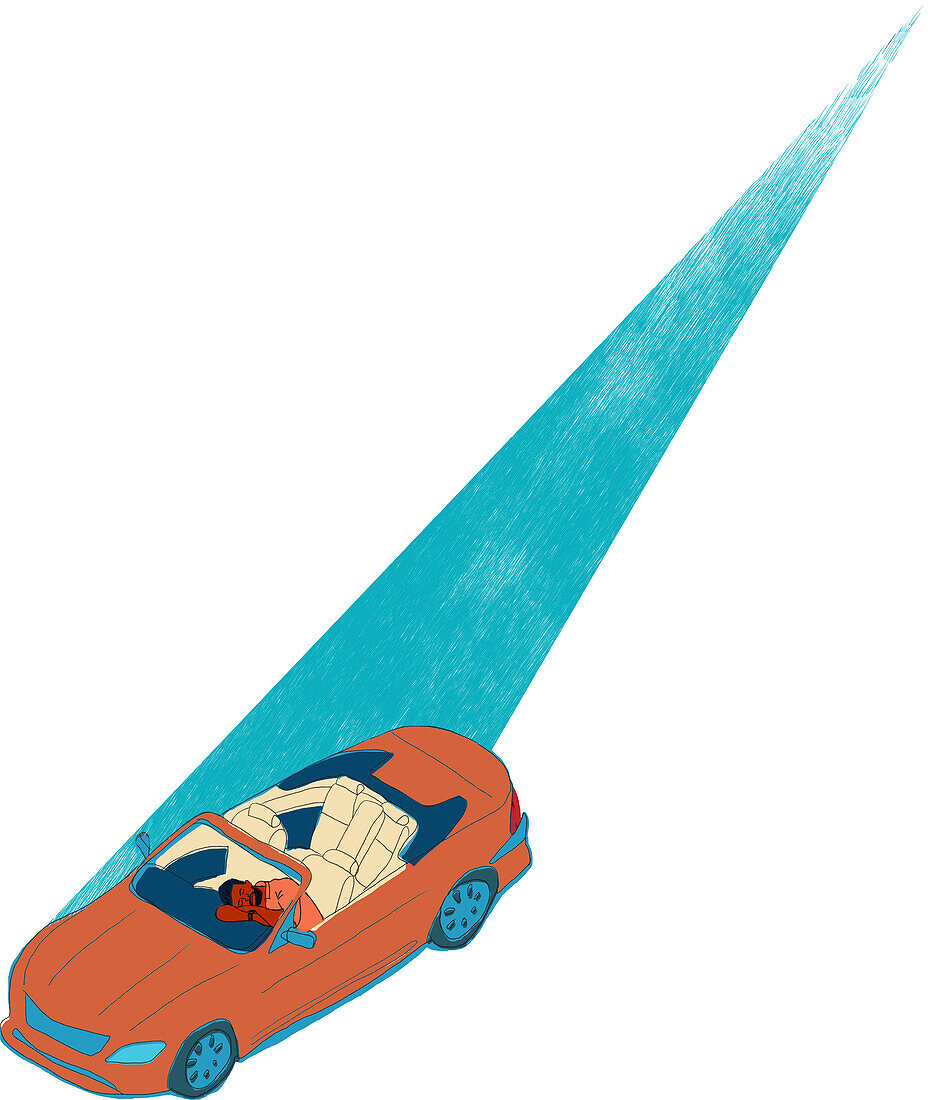 Man sleeping in car, illustration