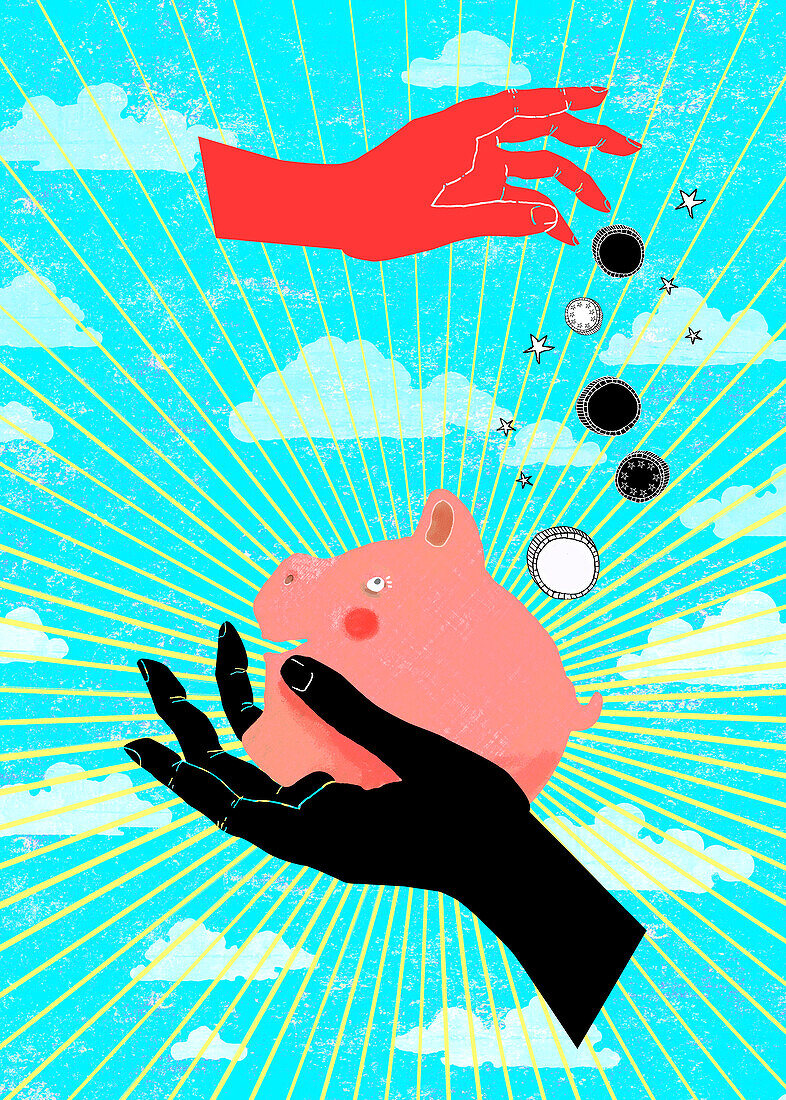 Putting money in a piggy bank, illustration
