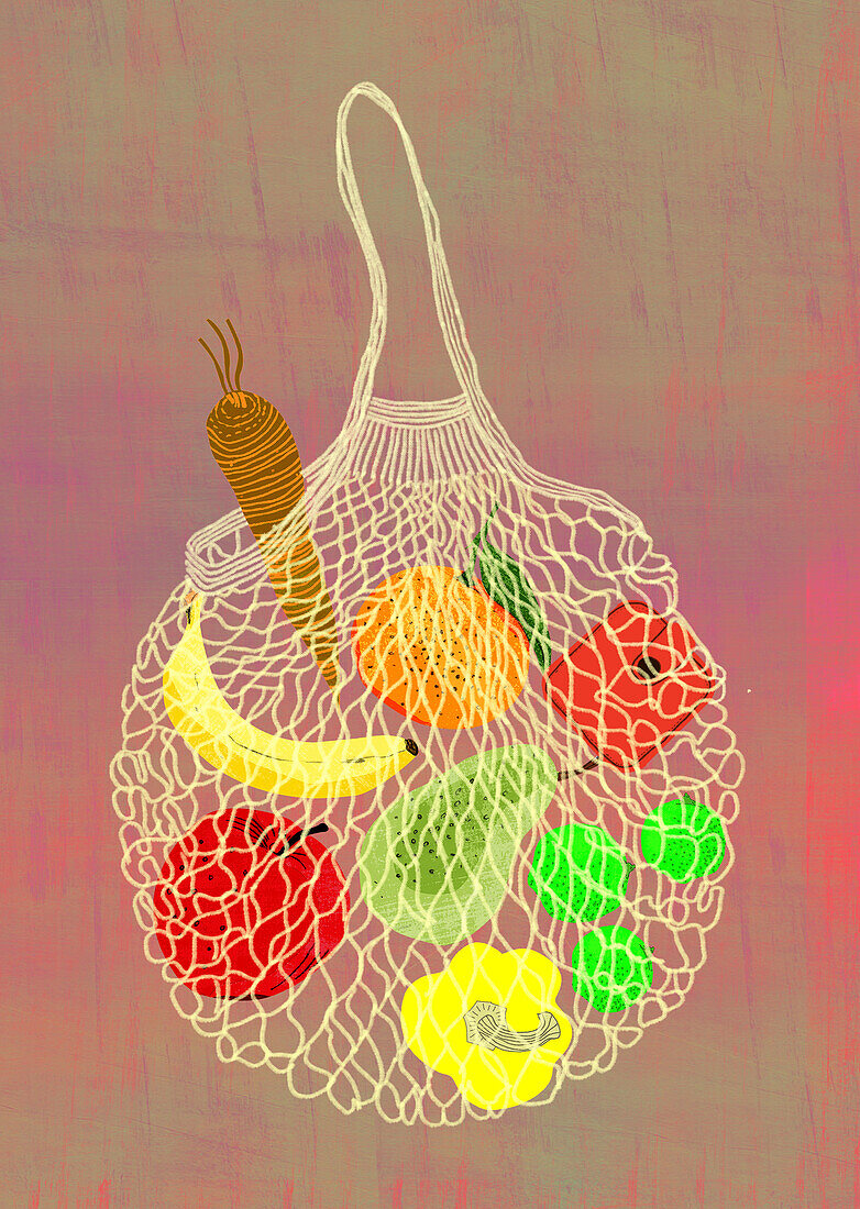 Shopping bag containing fruits and vegetables, illustration