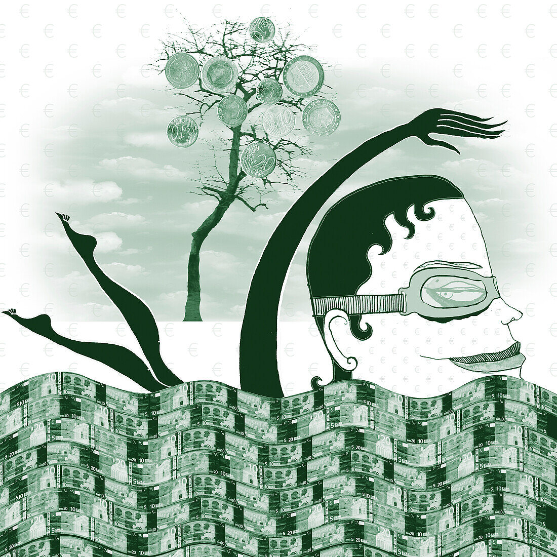 Swimming in money, conceptual illustration