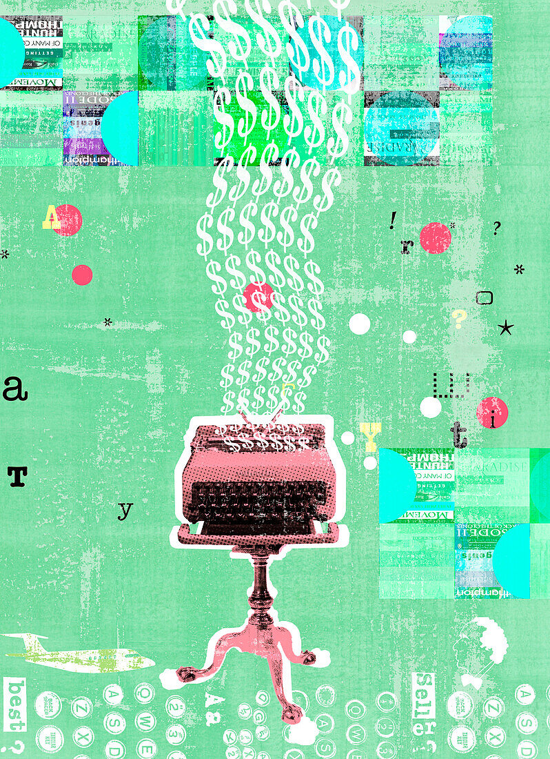 Typewriter typing money, conceptual illustration