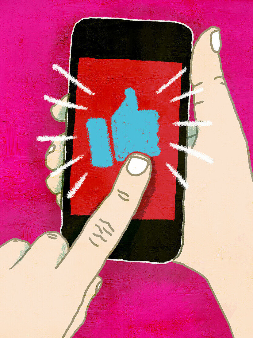 Finger touching a like icon on a mobile phone, illustration