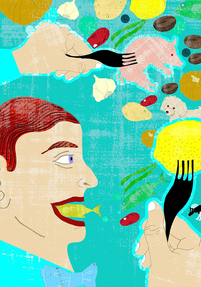 Man eating a variety of foods, illustration