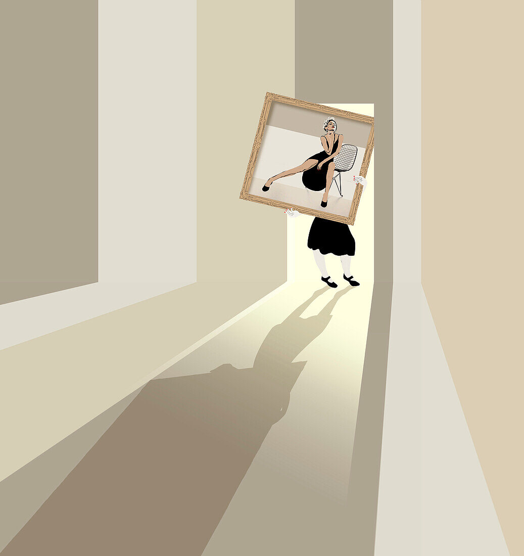 Woman hiding behind a painting, illustration