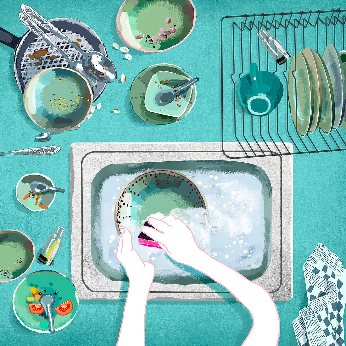 Washing the dishes, illustration