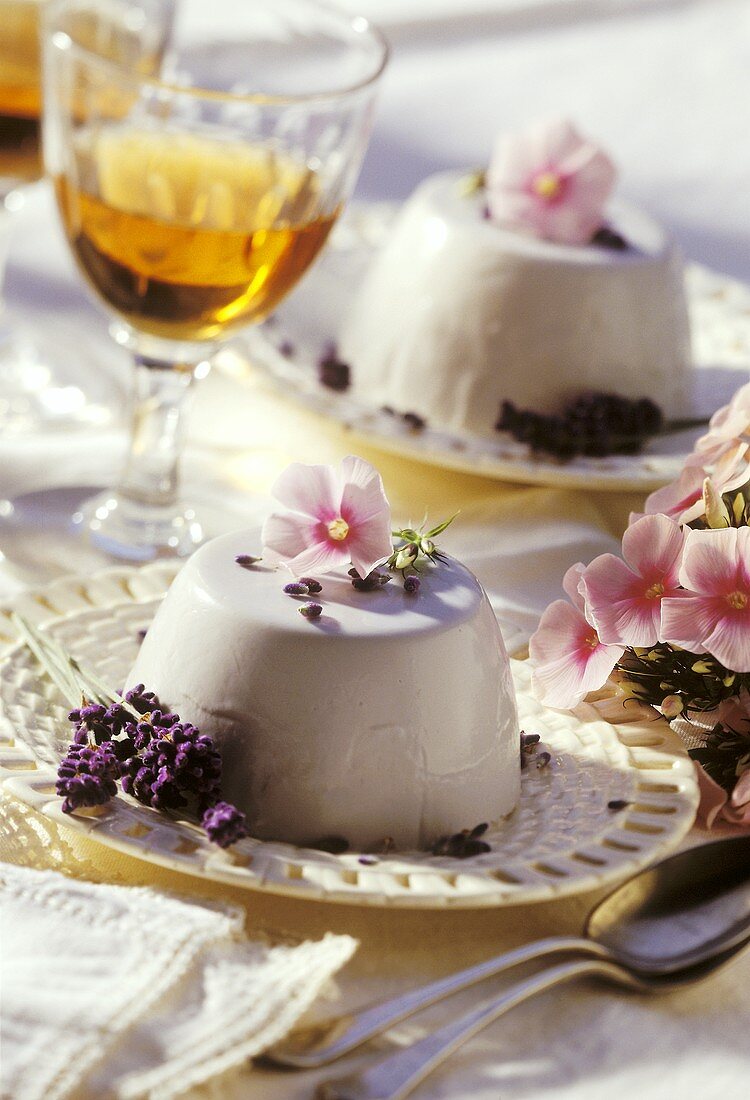 Gestürzte Joghurt-Lavendel-Creme auf Desserttellern