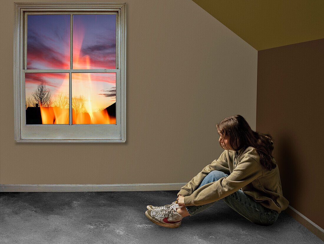 Teenager with climate anxiety, conceptual image