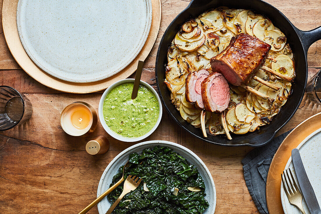 One-pot roast rack of lamb with braised cavolo nero and parsley caper dressing