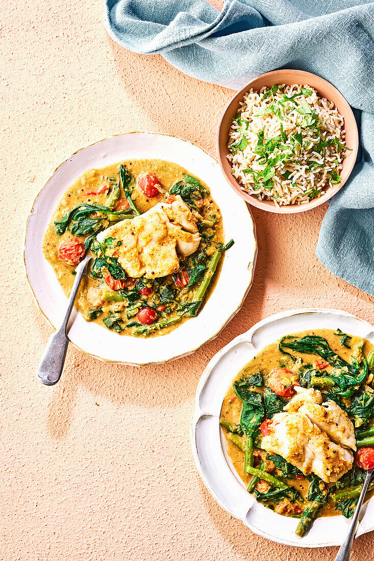 Curried bean and coconut cod