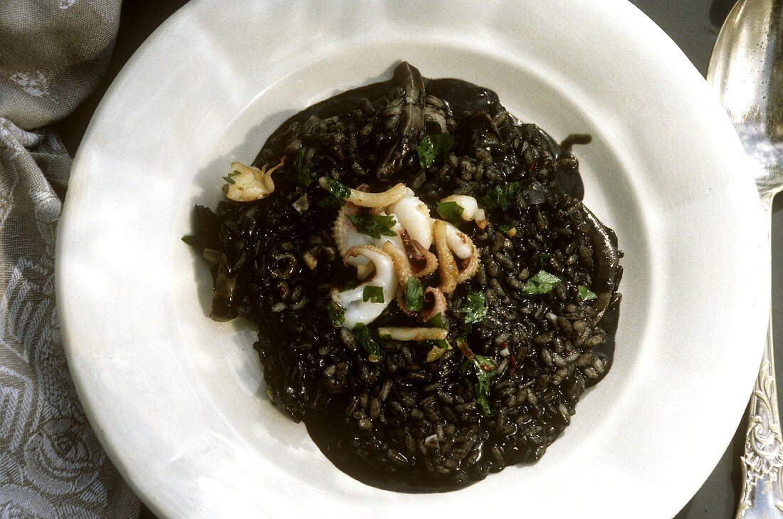 Risotto nero (cuttlefish risotto) on plate