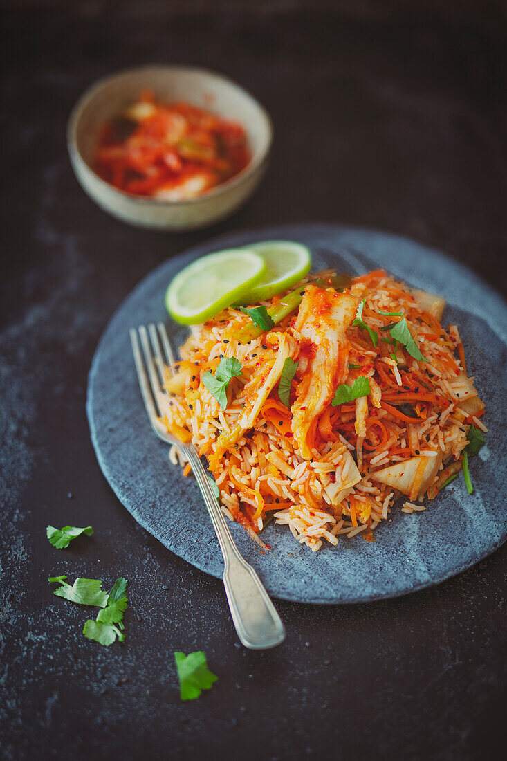 Kimchi with Fried rice garnished with cilantro