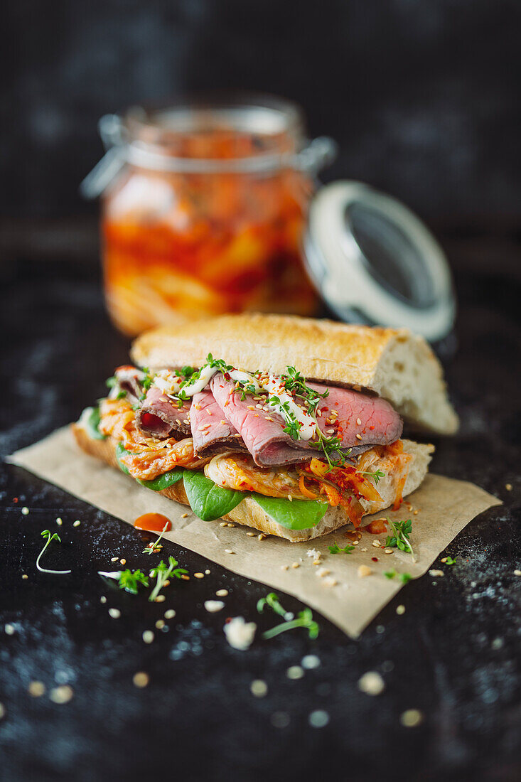 Tongbaechu kimchi and roast beef sandwich