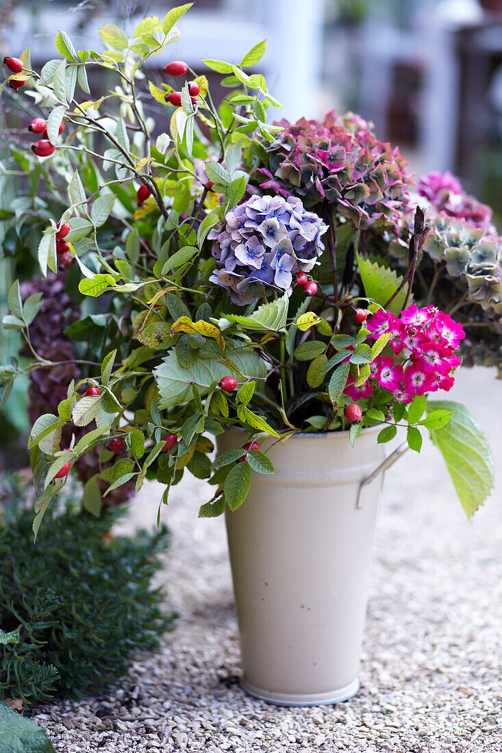 Blumenarrangement mit Hortensien und Beeren in Vase auf Kiesweg