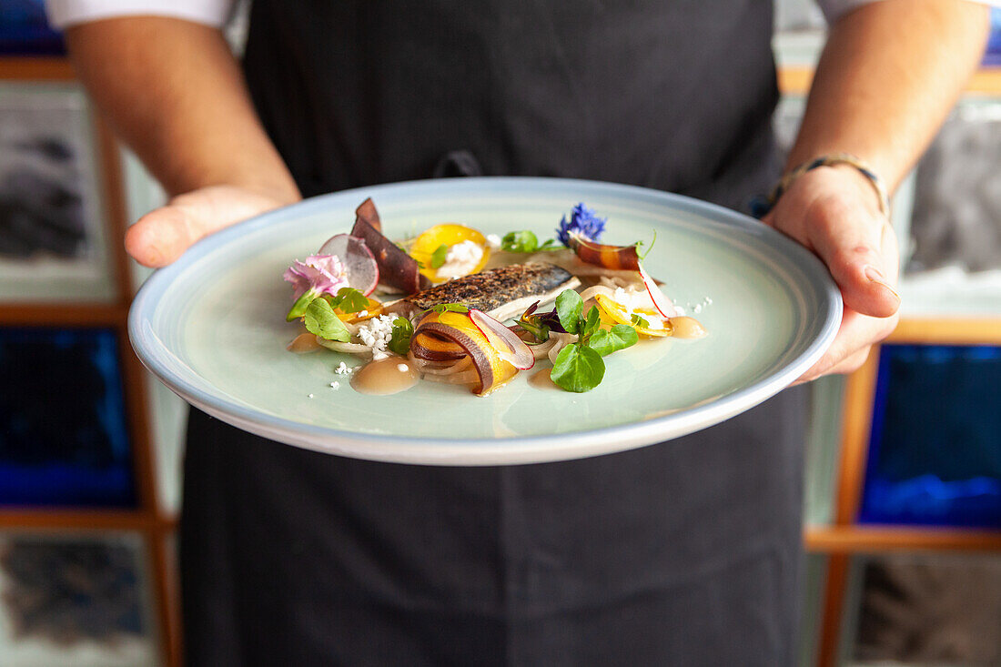 Waiter serves mackerel with pickled root vegetables