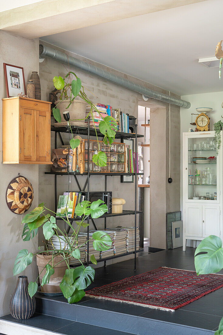 Industrial shelf with books and magazines, plants and patterned carpet on floor tiles