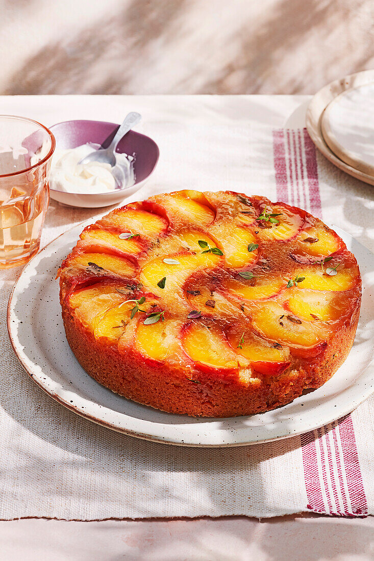 Peach cake with thyme and lemon