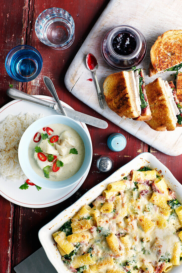 Ham and kale gratin, Green Thai fish curry and Toasties with turkey and cheese