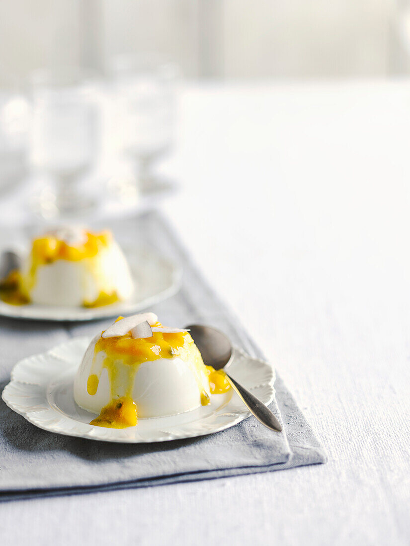 Coconut panna cotta with mango salas