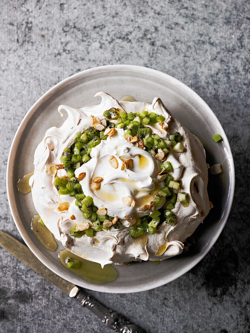 Elderflower and kiwi pavlova