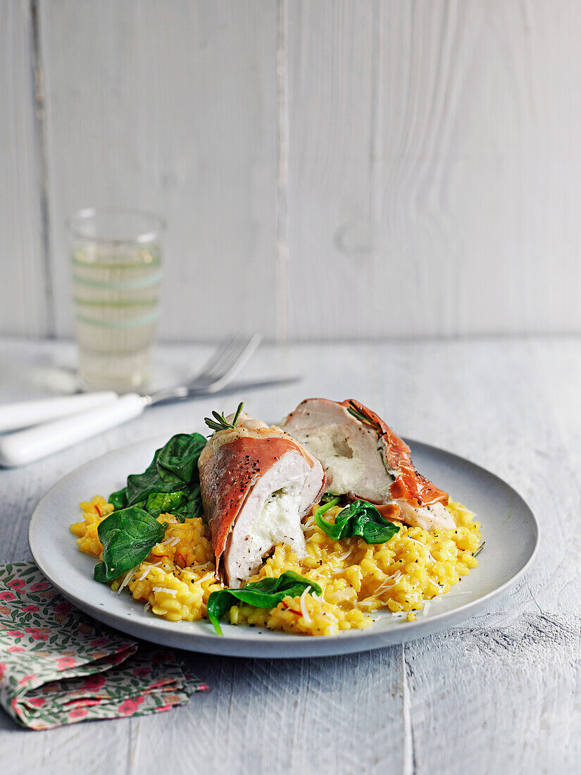 goat s cheese and herb stuffed chicken with risotto milanese