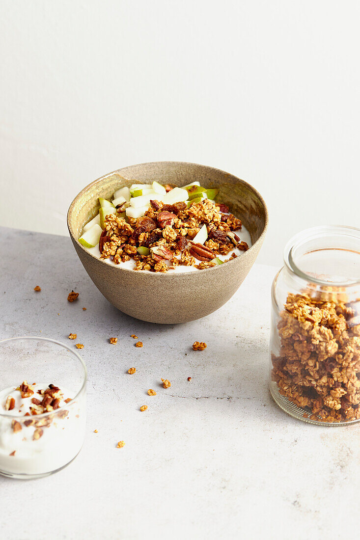 Tahini granola with pecans in a bowl