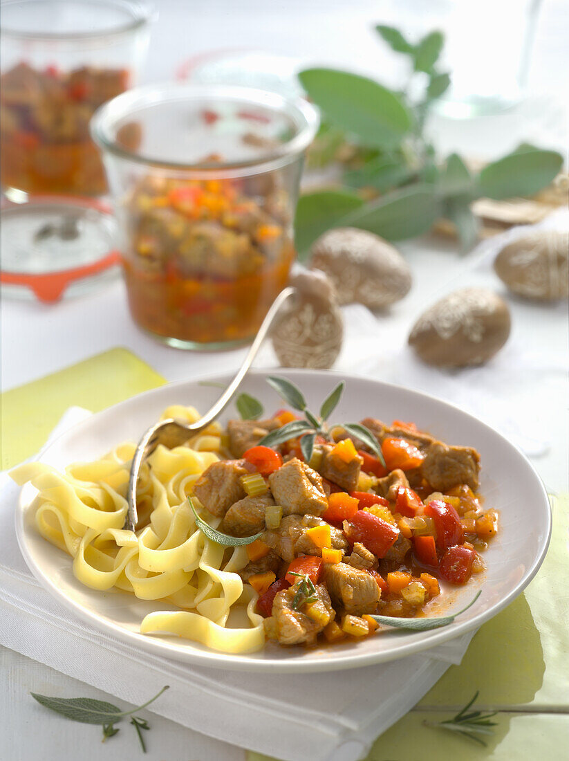 Preserved veal goulash with ribbon noodles