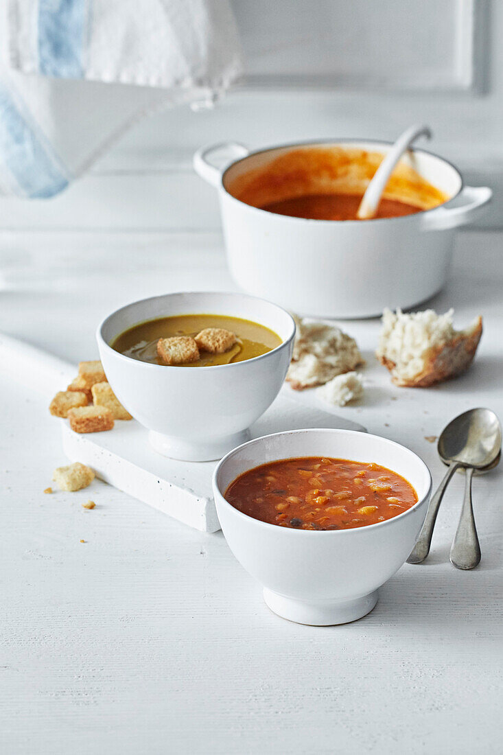 Tomaten-Bohnen-Suppe und Kichererbsensuppe in Suppenschalen