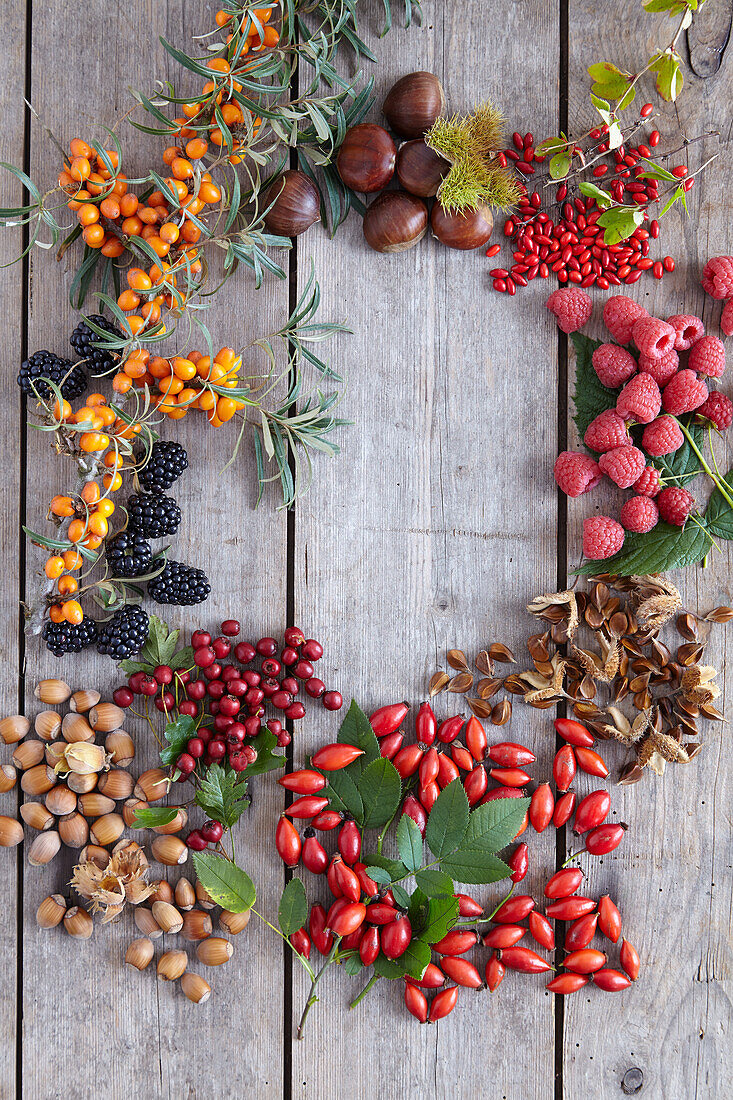 Verschiedene Beeren, Nüsse und Herbstfüchte in Kreisform auf Holzuntergrund arrangiert