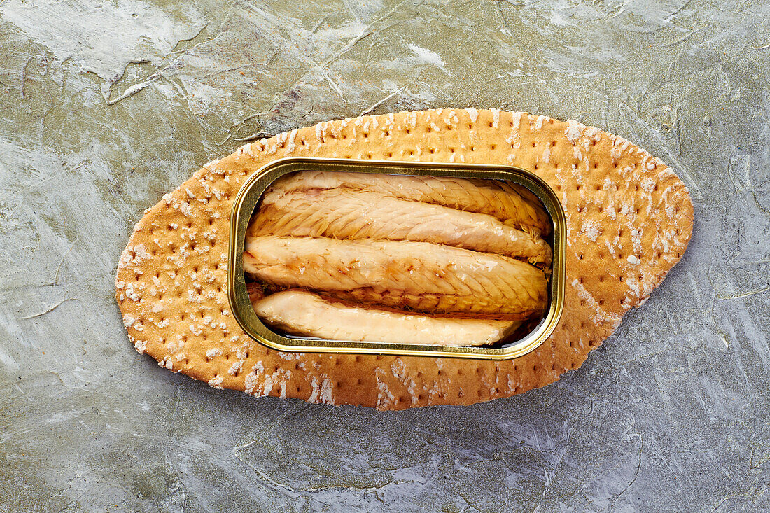 Tinned mackerel preserved in oil on bread