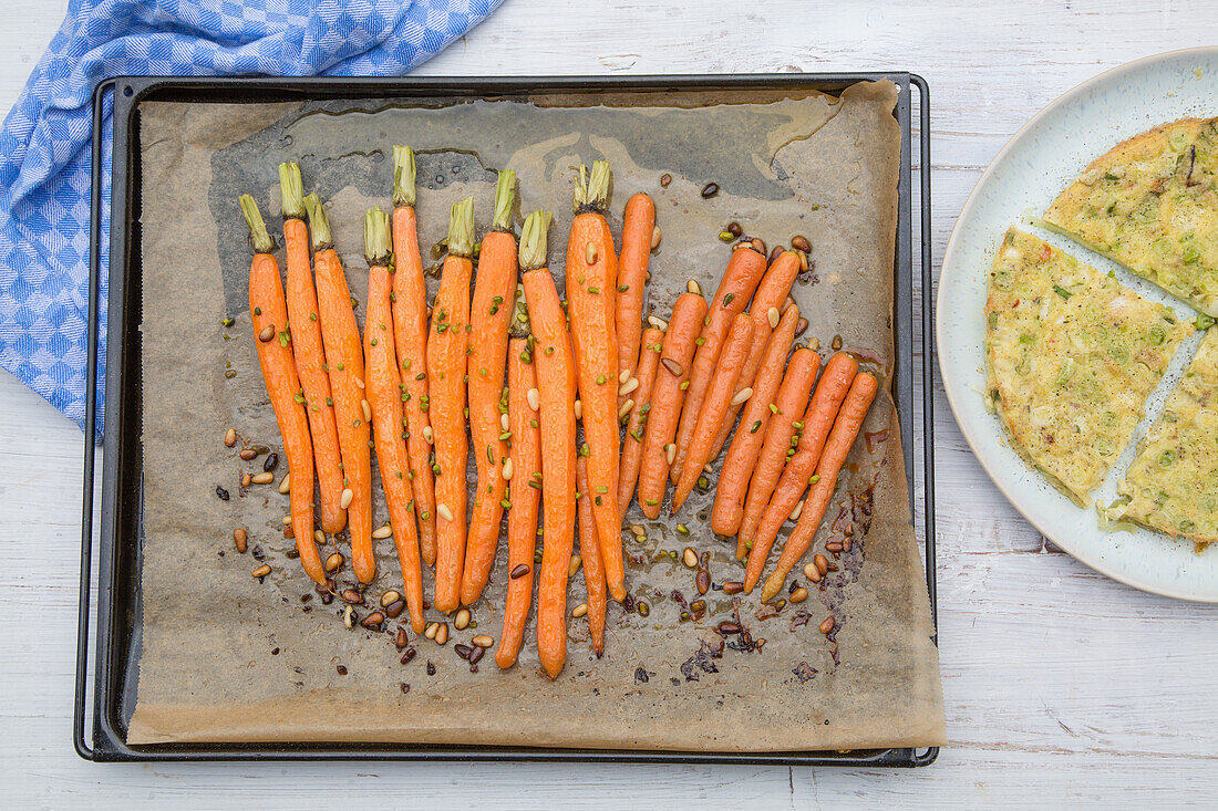 Honey roasted carrots and Frittata with spring onions