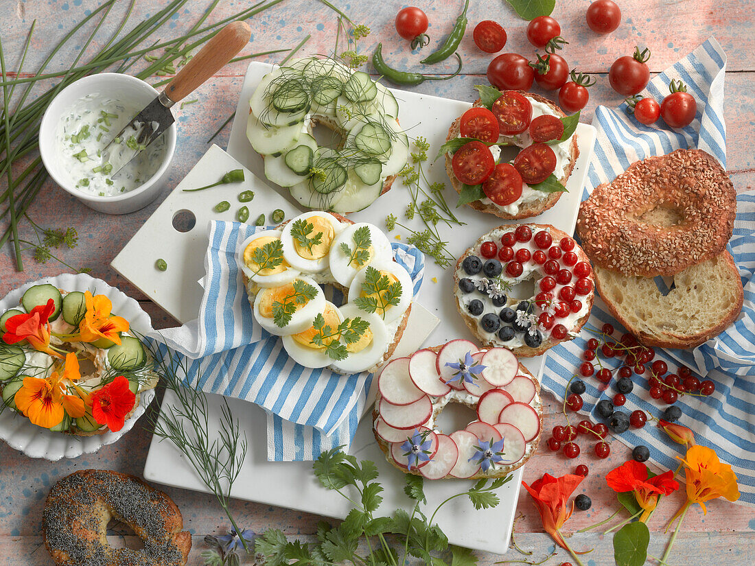 Bagel mit Frischkäse, belegt mit Ei, Gurke, Tomate, Radieschen, Beeren und Kapuzinerkresse