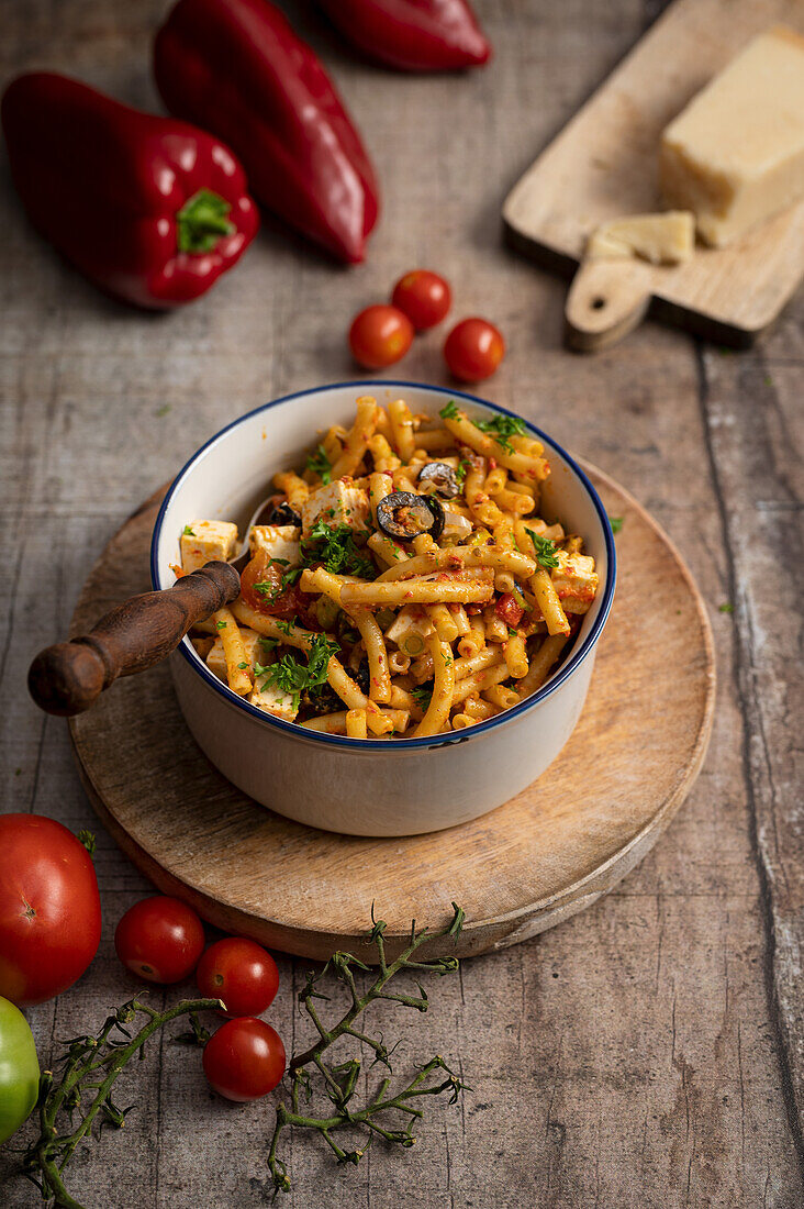 Pasta salad with red pesto, olives, and cheese
